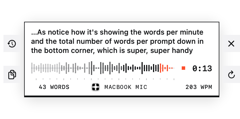 The MouthKeys overlay mid-dictation: the live transcript above a voice trace, a 13-second timer, 43 words and 203 words per minute in the foot row, and the active mic.